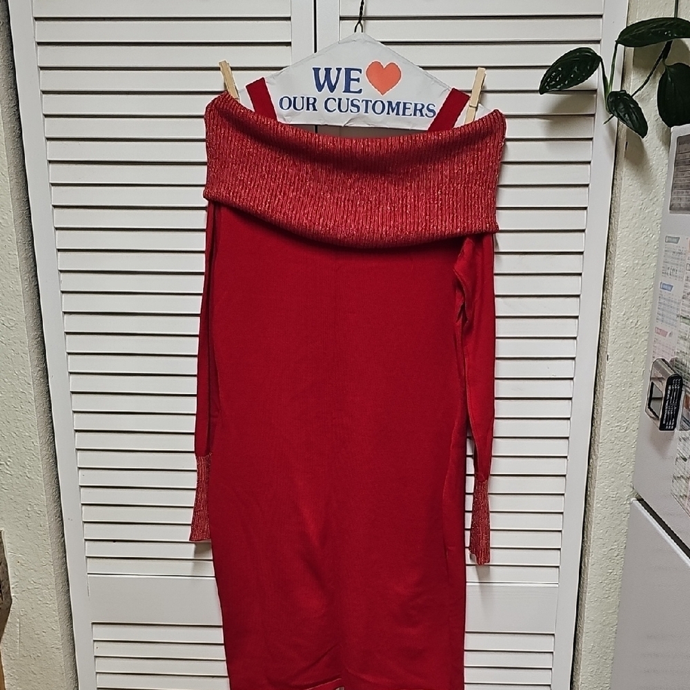 EUC Say What? Bright Red Knit Bodycon Dress Metallic Trim Faux Zipper Cowl Neck - Picture 8 of 10